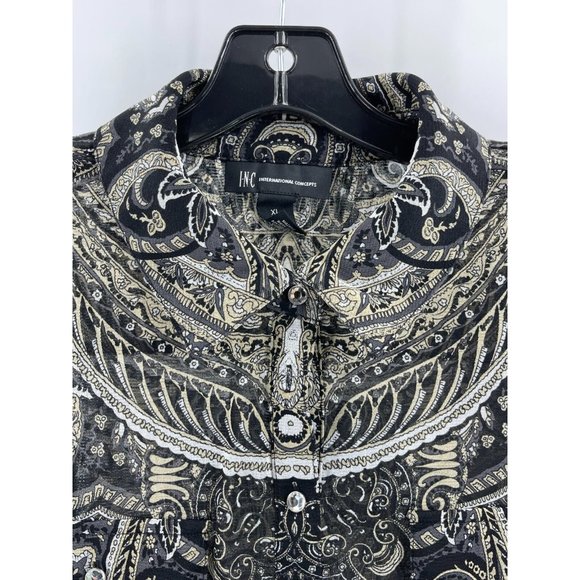 INC Black Paisley Long Sleeve Rhinestone Buttons Sheer Collared Top Shirt XL - Picture 4 of 14